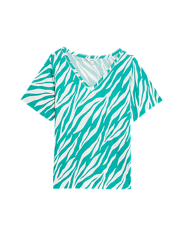 Linen Blend Printed V-Neck Top
