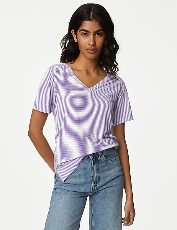 Linen Blend Striped V-Neck Top