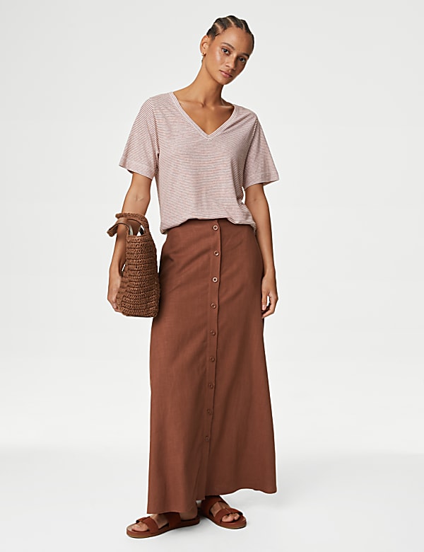 Linen Blend Striped V-Neck Top