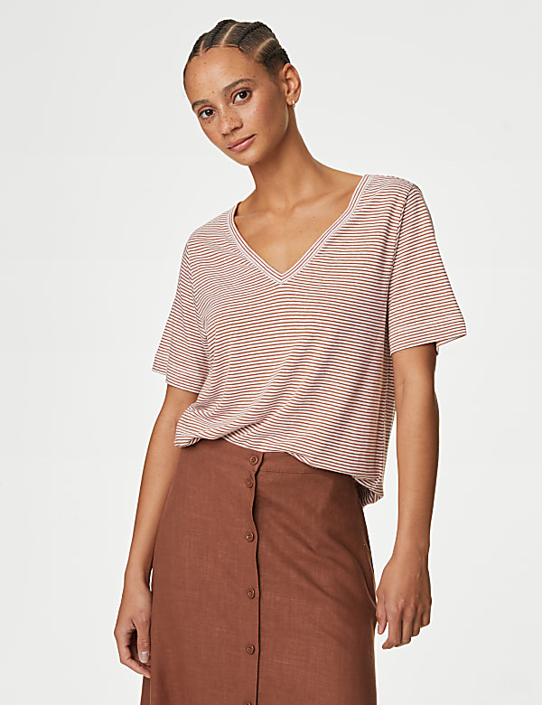 Linen Blend Striped V-Neck Top