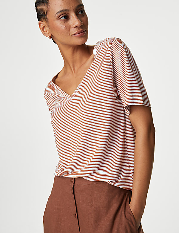 Linen Blend Striped V-Neck Top