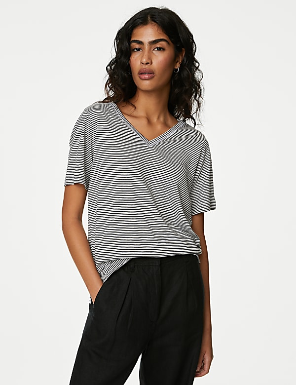Linen Blend Striped V-Neck Top