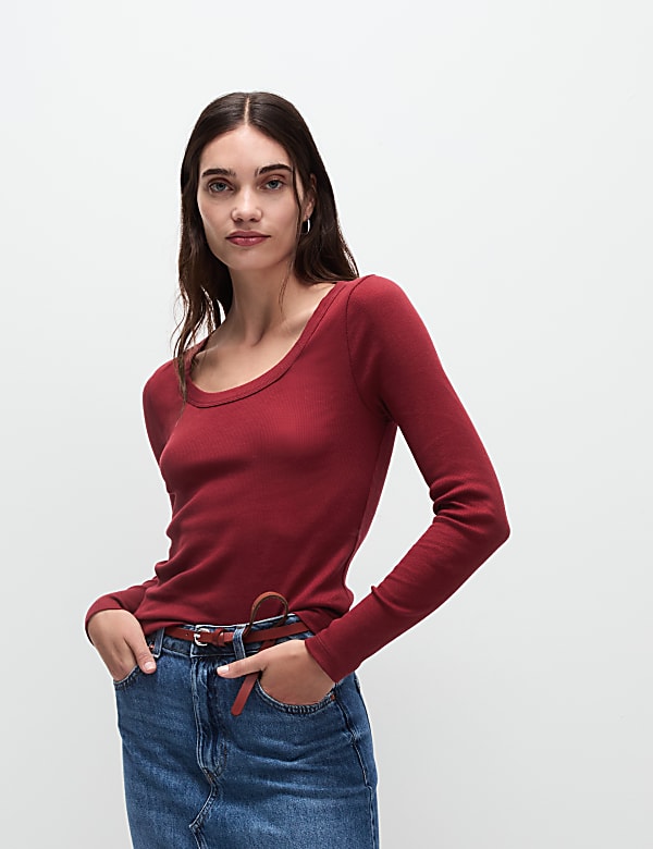 Cotton Rich Ribbed Scoop Neck Top - ID