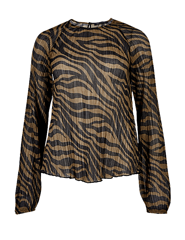 Animal Print Sheer Round Neck Blouse