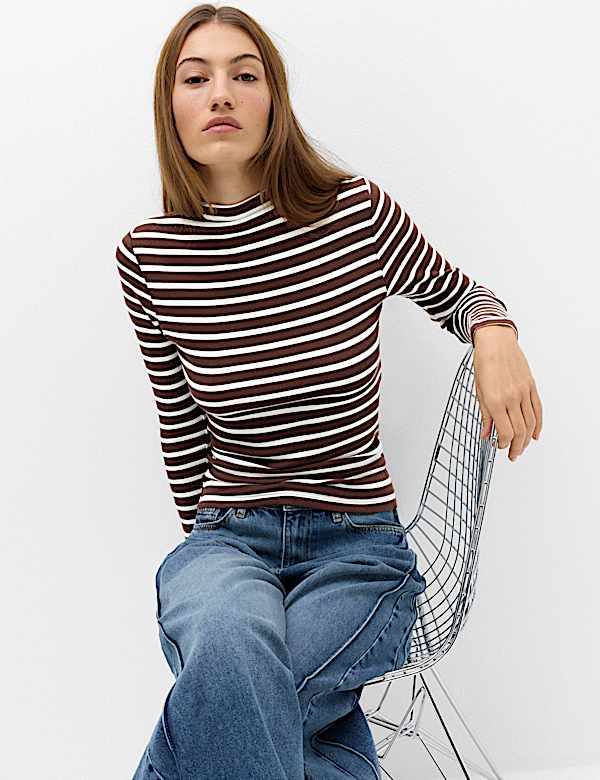 Cotton Rich Ribbed Funnel Neck Top - FI