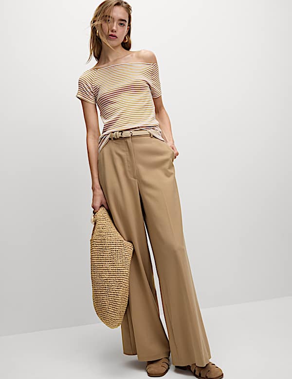 חולצה מכותנה טהורה עם כתפיים חשופות ופסים - IL