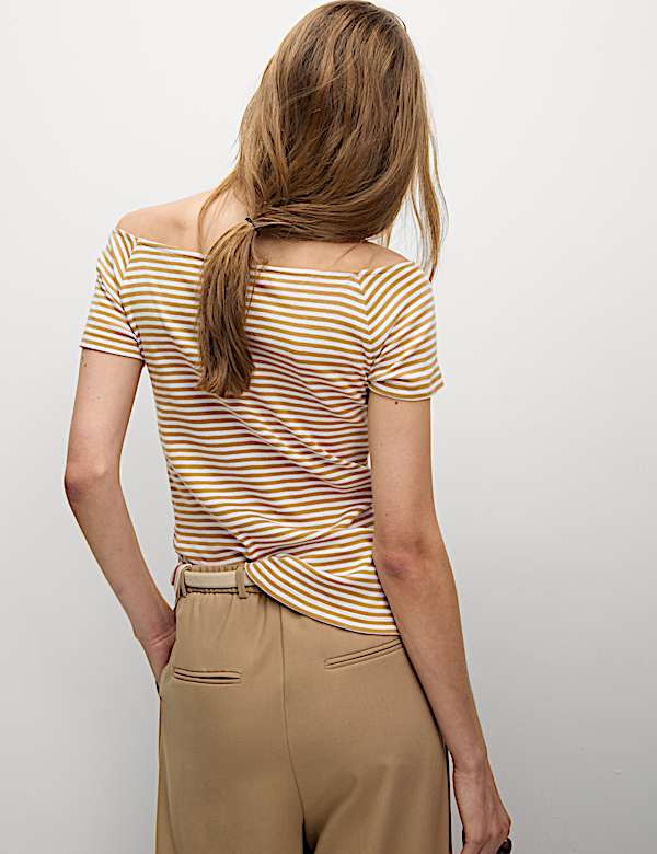 חולצה מכותנה טהורה עם כתפיים חשופות ופסים - IL