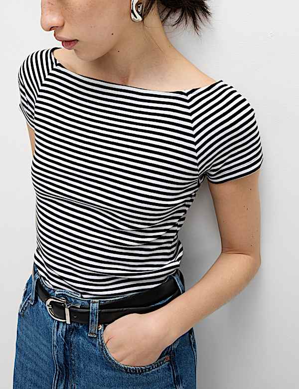 Pure Cotton Striped Off The Shoulder Top - AT