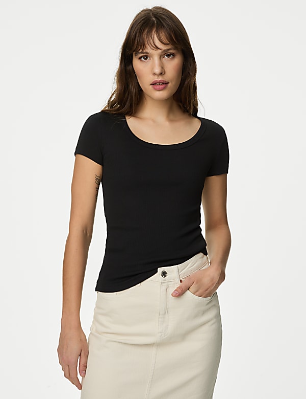 Cotton Rich Slim Ribbed Scoop Neck T-shirt - CA