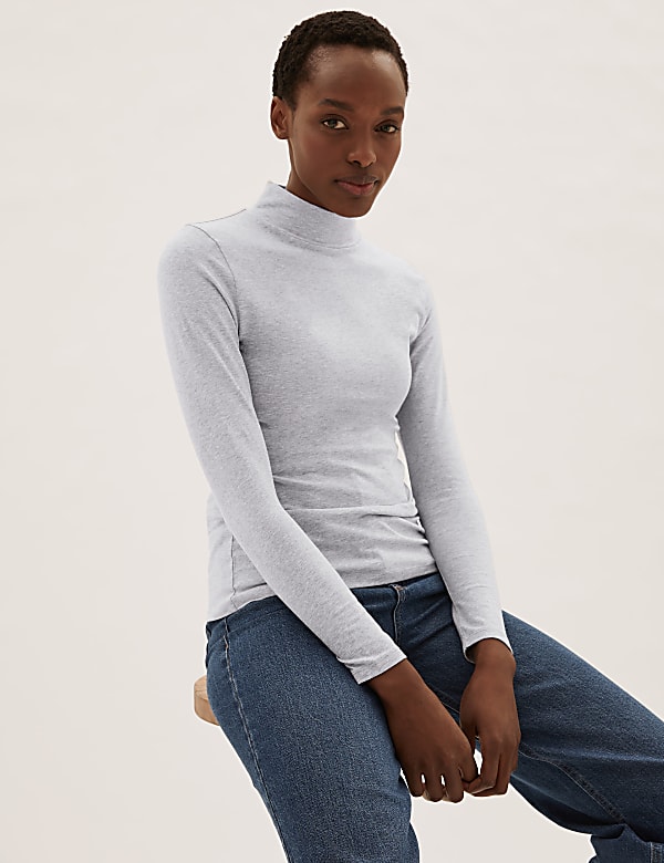 Cotton Rich Funnel Neck Long Sleeve Top