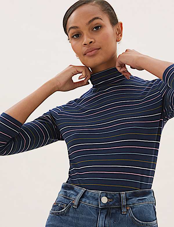 Cotton Rich Striped Funnel Neck Top