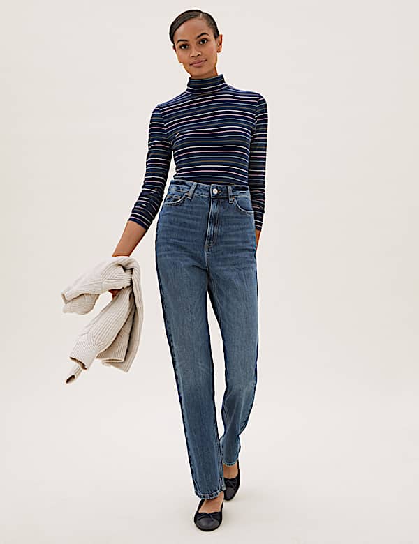 Cotton Rich Striped Funnel Neck Top