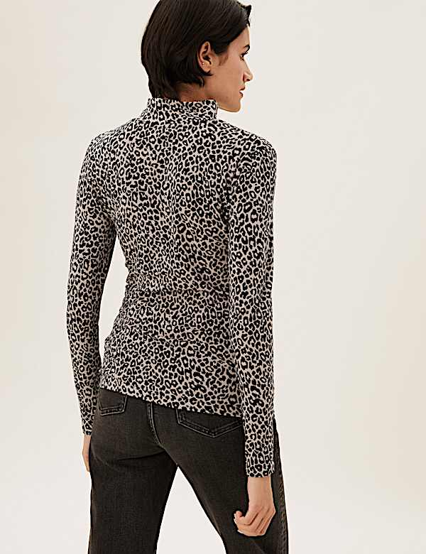Cotton Rich Animal Print Funnel Neck Top - BG