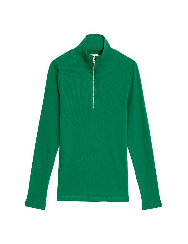 Cotton Rich Ribbed Half Zip Top