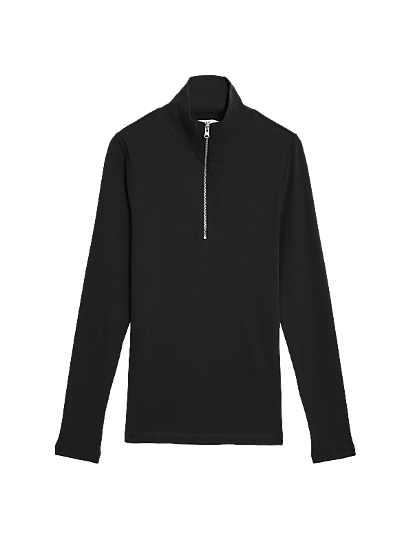Cotton Rich Ribbed Half Zip Top