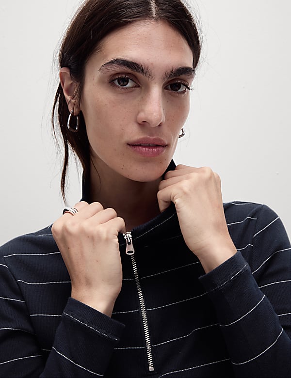 Cotton Rich Striped Ribbed Half Zip Top