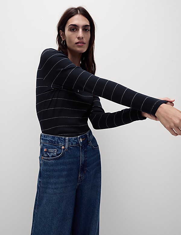 Cotton Rich Striped Ribbed Half Zip Top