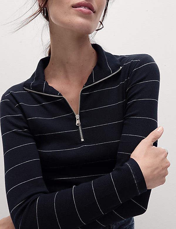 Cotton Rich Striped Ribbed Half Zip Top