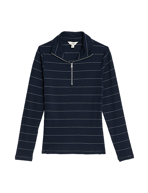Cotton Rich Striped Ribbed Half Zip Top