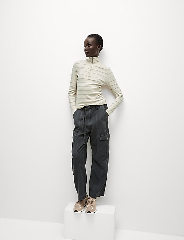 Cotton Rich Striped Ribbed Half Zip Top