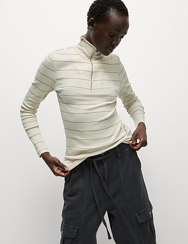 Cotton Rich Striped Ribbed Half Zip Top