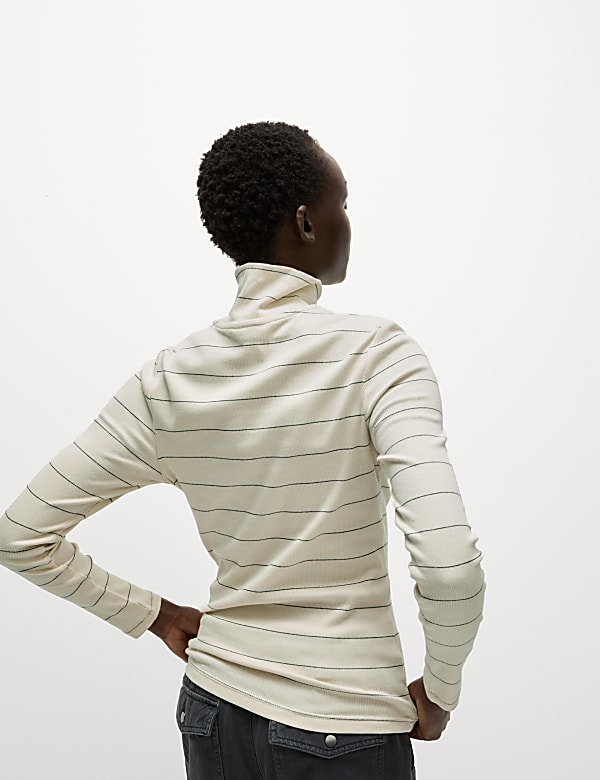 Cotton Rich Striped Ribbed Half Zip Top