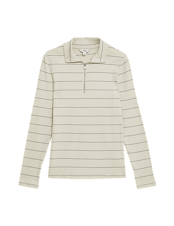 Cotton Rich Striped Ribbed Half Zip Top