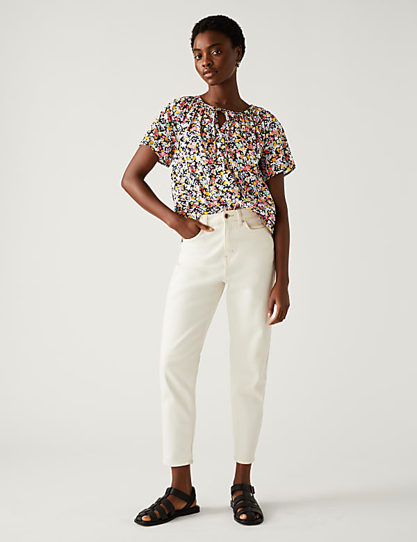 Pure Cotton Printed Tie Neck Blouse