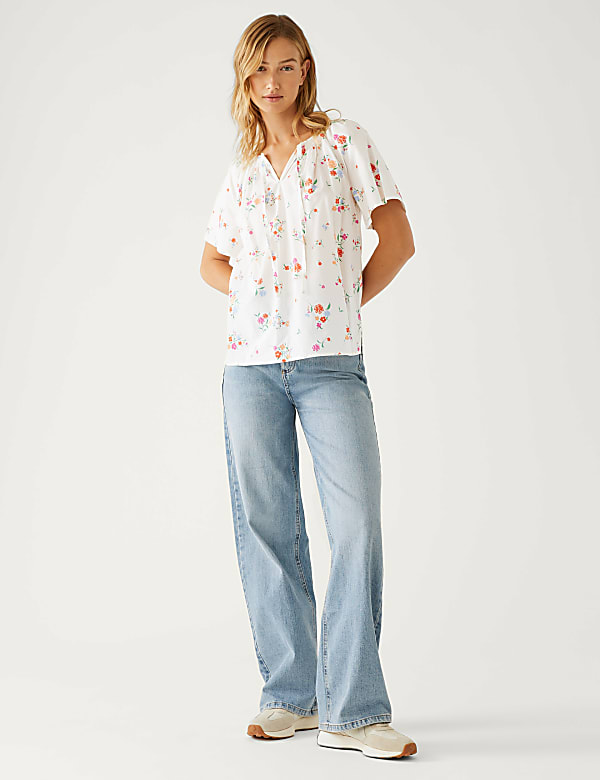 Pure Cotton Printed Tie Neck Blouse