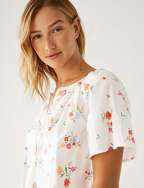 Pure Cotton Printed Tie Neck Blouse