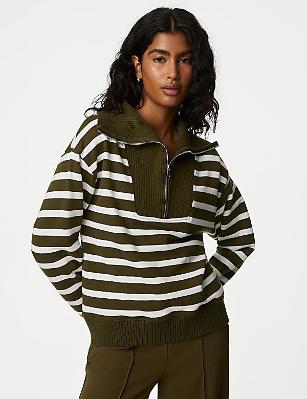 Cotton Rich Striped Half Zip Sweatshirt - IT