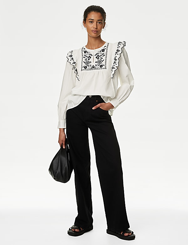 Pure Cotton Embroidered Frill Detail Blouse
