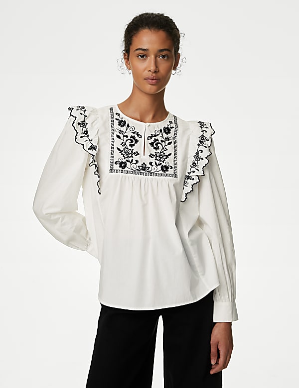 Pure Cotton Embroidered Frill Detail Blouse