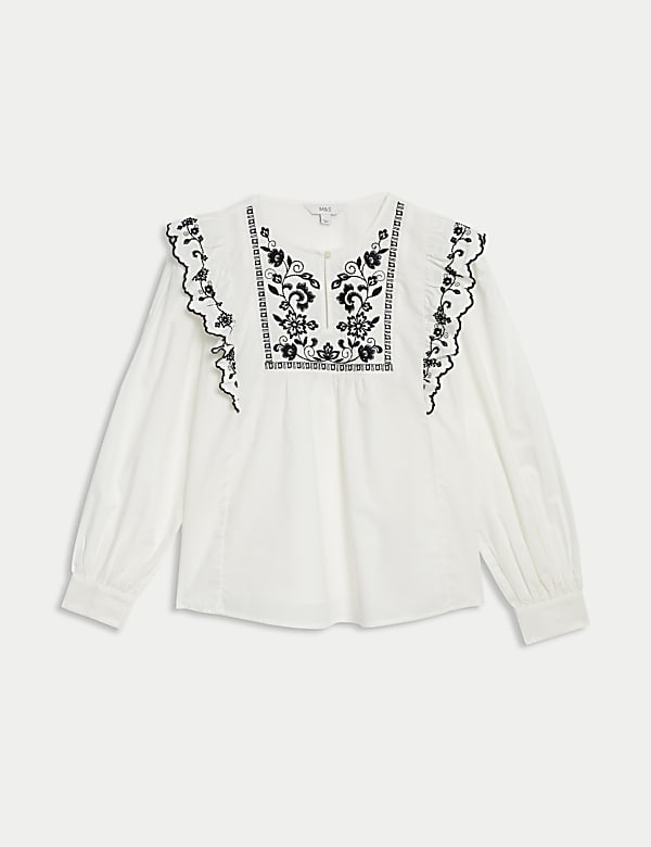 Pure Cotton Embroidered Frill Detail Blouse - US