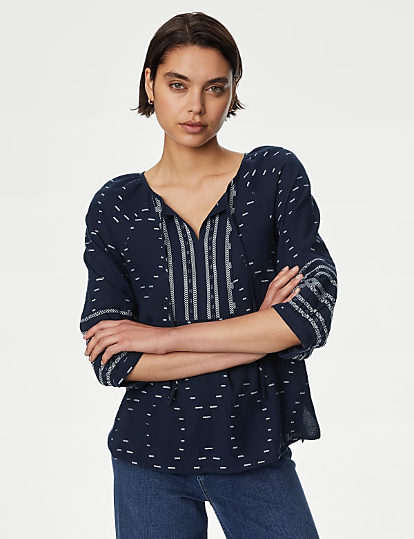 Cotton Rich Jacquard Tie Neck Popover Blouse