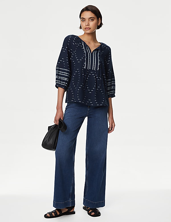 Cotton Rich Jacquard Tie Neck Popover Blouse