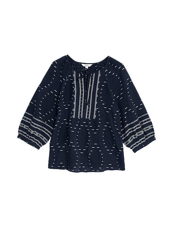 Cotton Rich Jacquard Tie Neck Popover Blouse