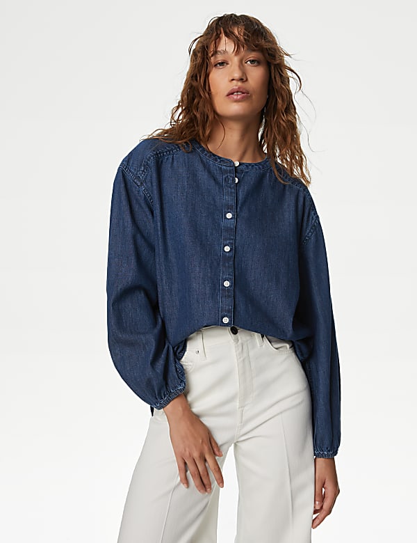 Pure Cotton Denim Button Through Blouse