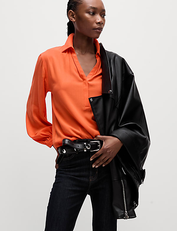 Lyocell Rich Collared V-Neck Popover Blouse