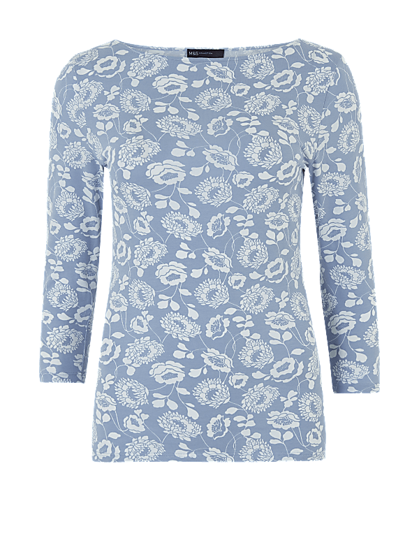 Cotton Floral Fitted 3/4 Sleeve Top