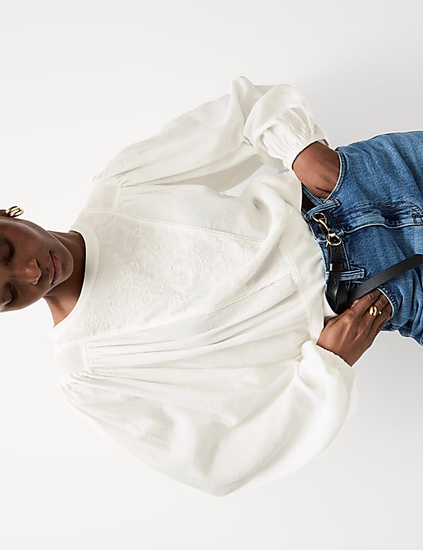 Cotton Blend Embroidered Puff Sleeve Blouse
