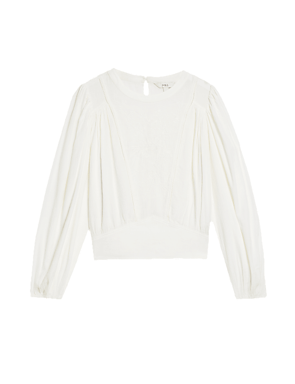Cotton Blend Embroidered Puff Sleeve Blouse