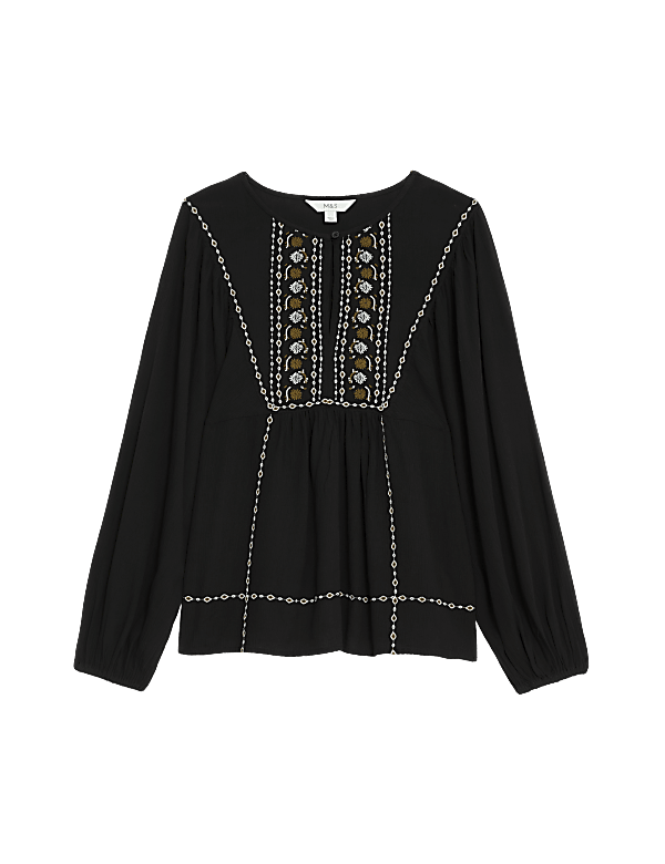 Embroidered Crew Neck Puff Sleeve Blouse
