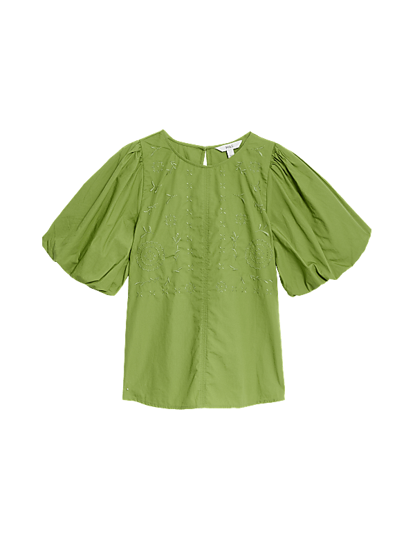 Pure Cotton Embroidered Puff Sleeve Blouse