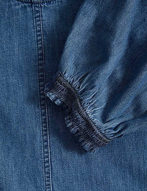 Pure Cotton Denim Puff Sleeve Blouse
