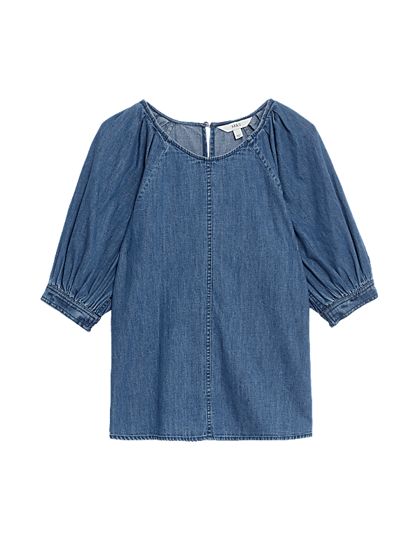 Pure Cotton Denim Puff Sleeve Blouse