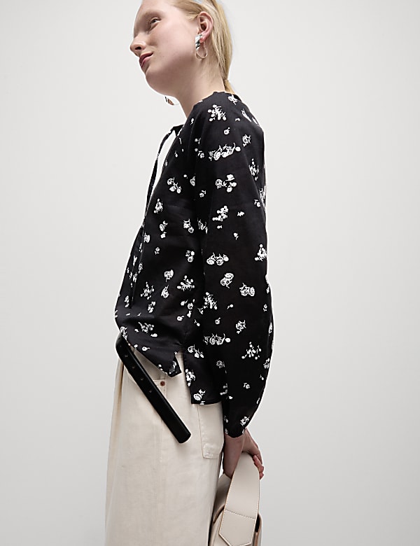 Pure Cotton Printed Tie Neck Blouse