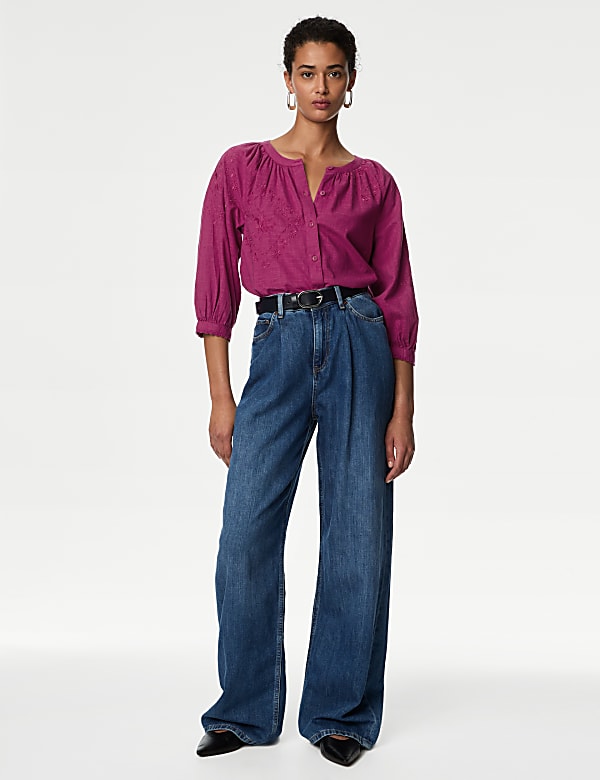 Pure Cotton Embroidered Blouson Sleeve Blouse