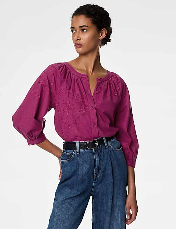 Pure Cotton Embroidered Blouson Sleeve Blouse