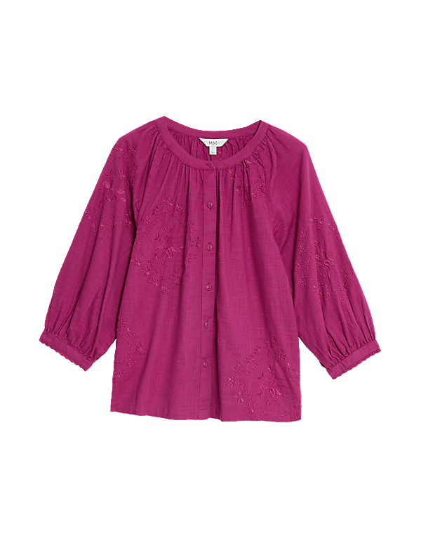 Pure Cotton Embroidered Blouson Sleeve Blouse